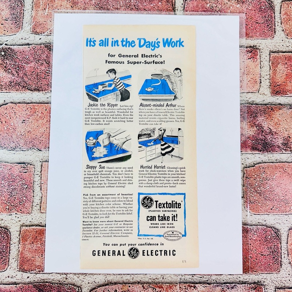 1949 General Electric Textolite All In Days Work Cartoon Household Vintage Ad